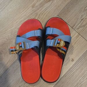 Chaco Chilos Red Footbed Sandals with Blue Straps